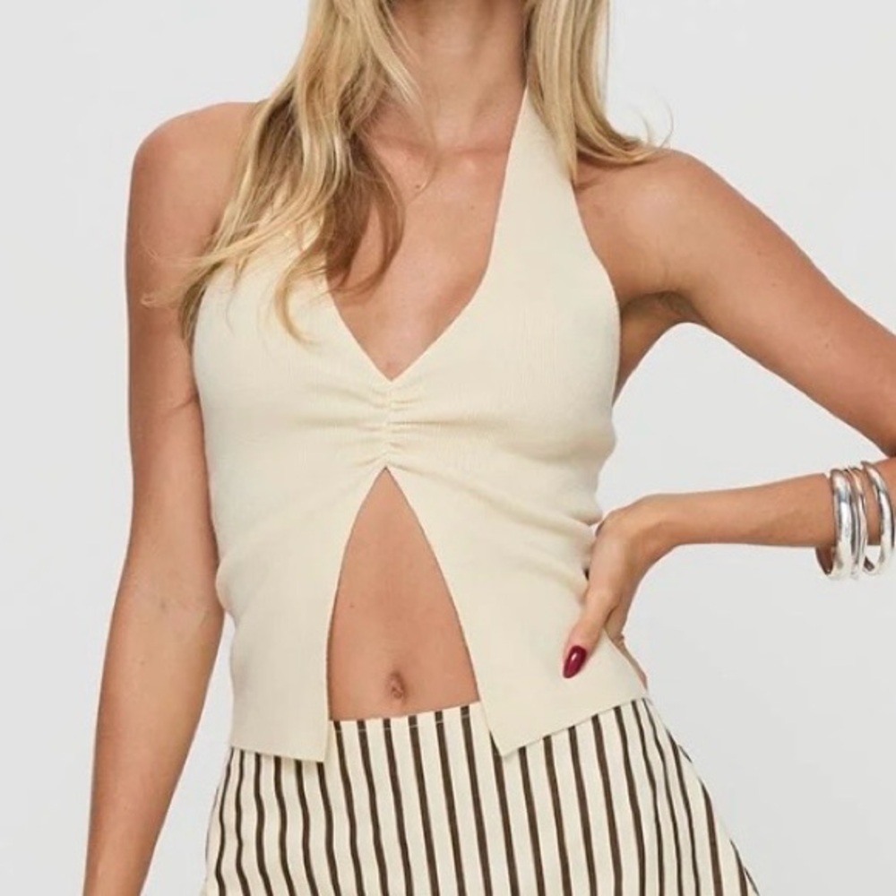 NWT Princess Polly Kingly Halter Top sz XS/S Cream Cropped Stretch Knit